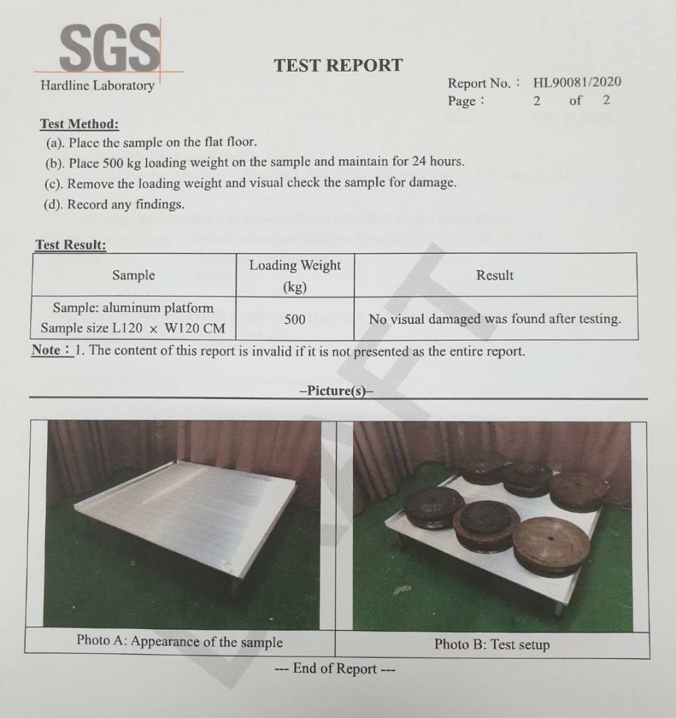 鋁合金平台 承重500公斤通過SGS認證